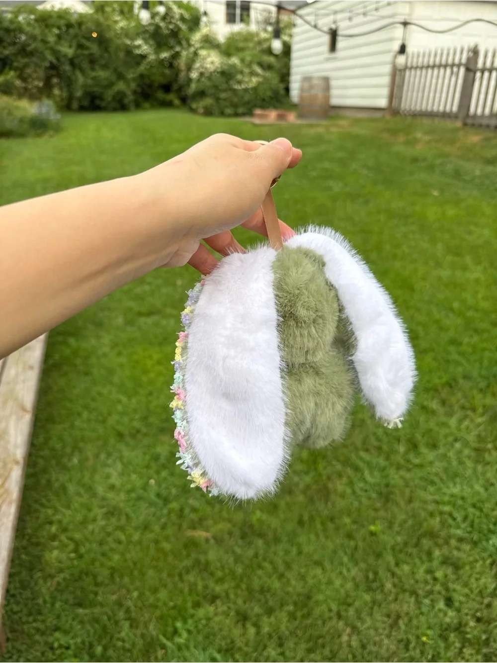 Adorable Kiwi Green BabyThree Plushie Bunny Keychain-Faux Fur with Floral Trim